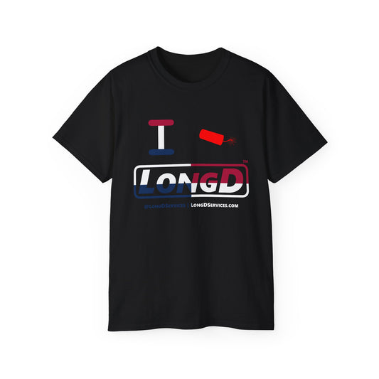I Firecracker LongD® Logo Cotton Tee Red, White and Blue positive quarters text