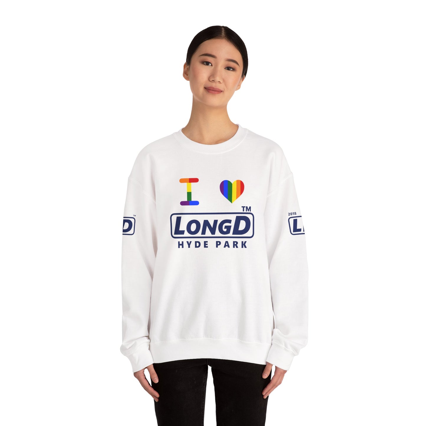 I Luv LongD official basic 4-print Hyde Park logo crewneck sweatshirt with Pride heart