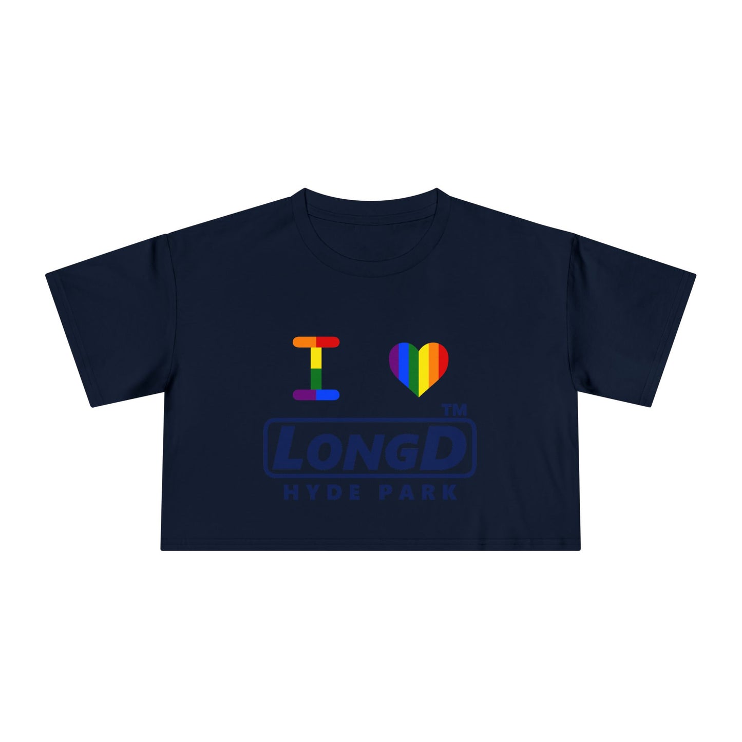 I Luv LongD basic official front-back Hyde Park logo crop tee (Pride colors)