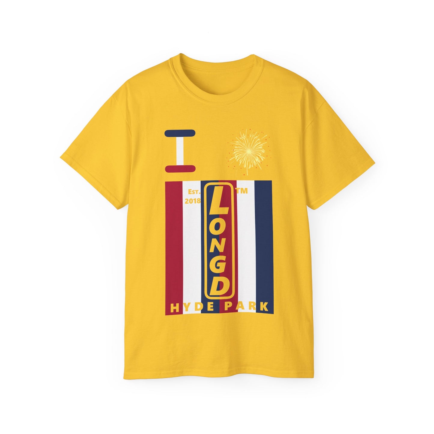 I Burst LongD cotton tee negative vertical 6-striped Hyde Park upright logo (Patriotic colors)
