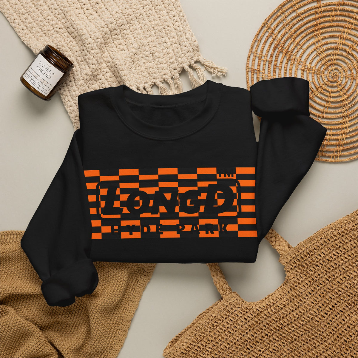 LongD Hyde Park negative tiled logo (Halloween colors) crewneck sweatshirt
