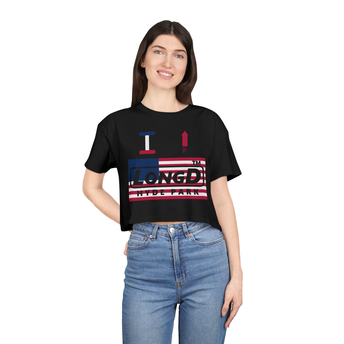 I firecracker LongD negative flag Hyde Park Logo Crop Tee (Patriotic colors)