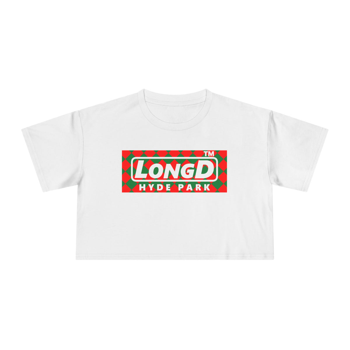 LongD Hyde Park negative argyle logo (Xmas colors) crop tee