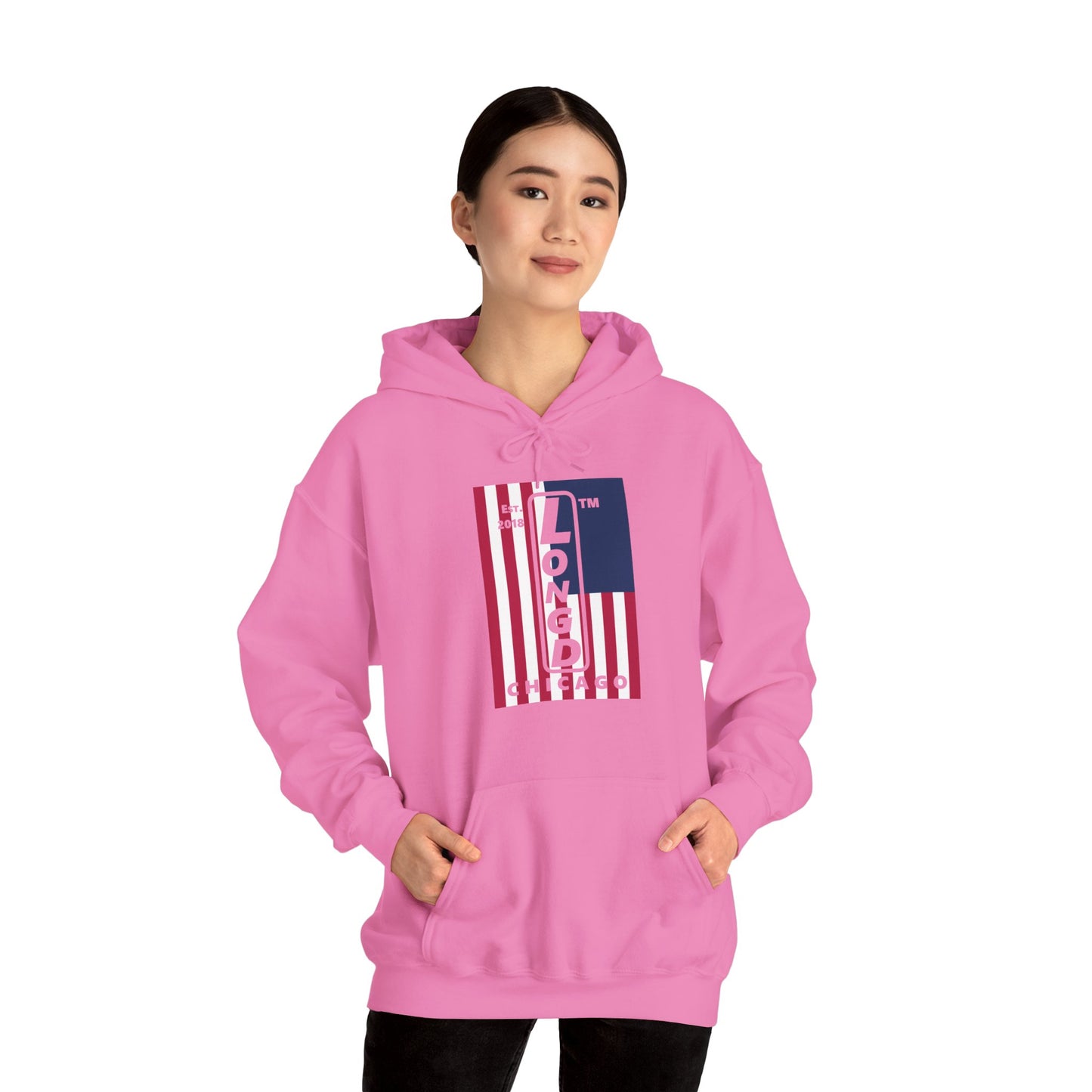 LongD® negative cropped flag upright Chicago logo hoodie