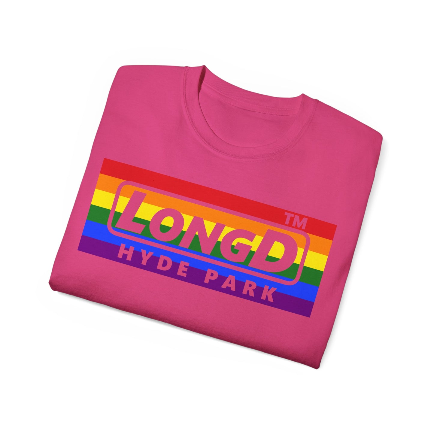 LongD negative horizontal striped Hyde Park logo cotton tee (Pride colors)