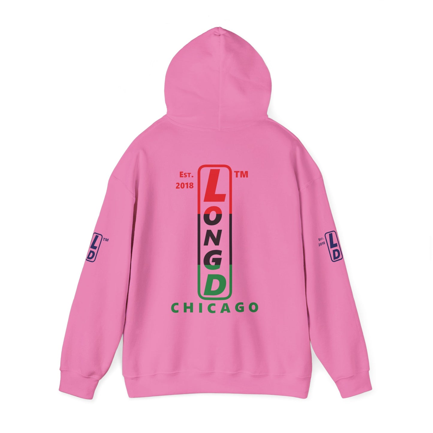 LongD® positive horizontal 3-striped Chicago 4-print upright logo hoodie (Juneteenth colors)