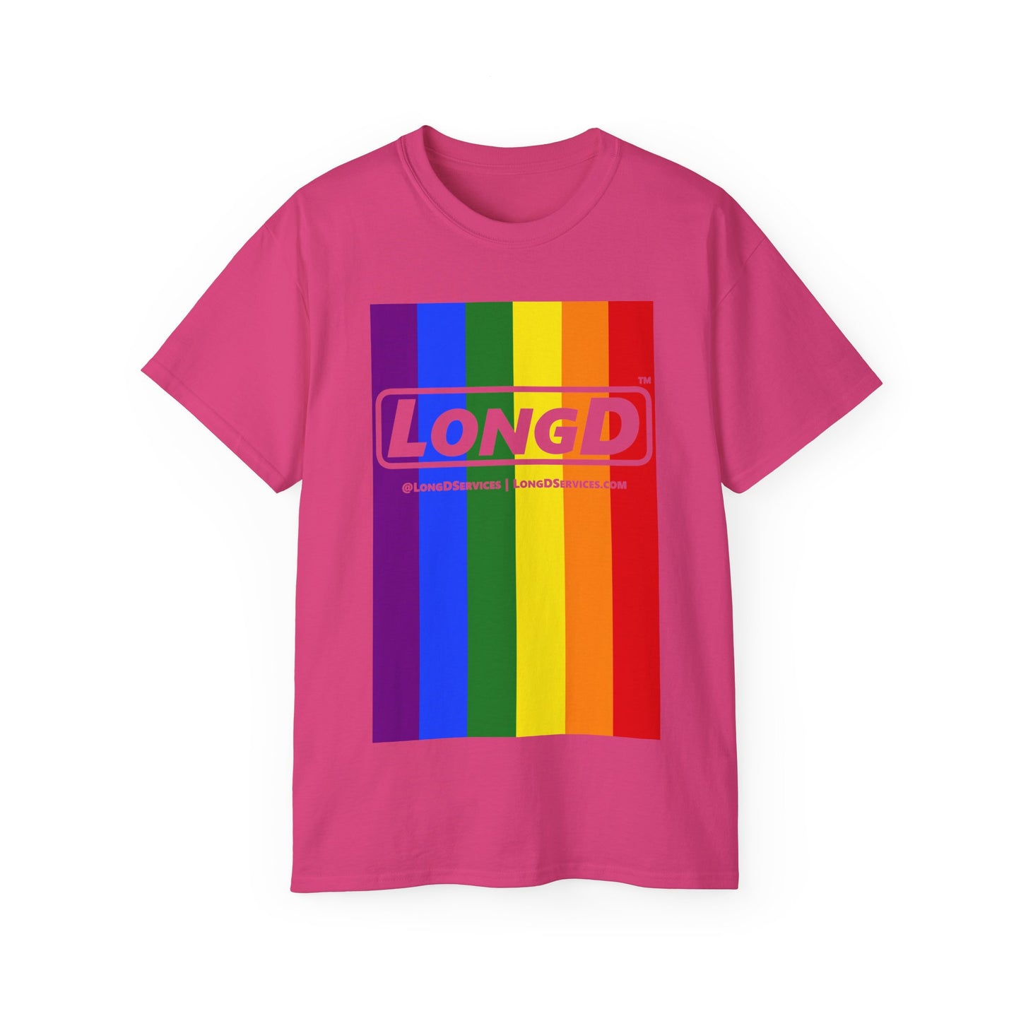 LongD® Logo Cotton Tee Pride rainbow vertical flag negative text