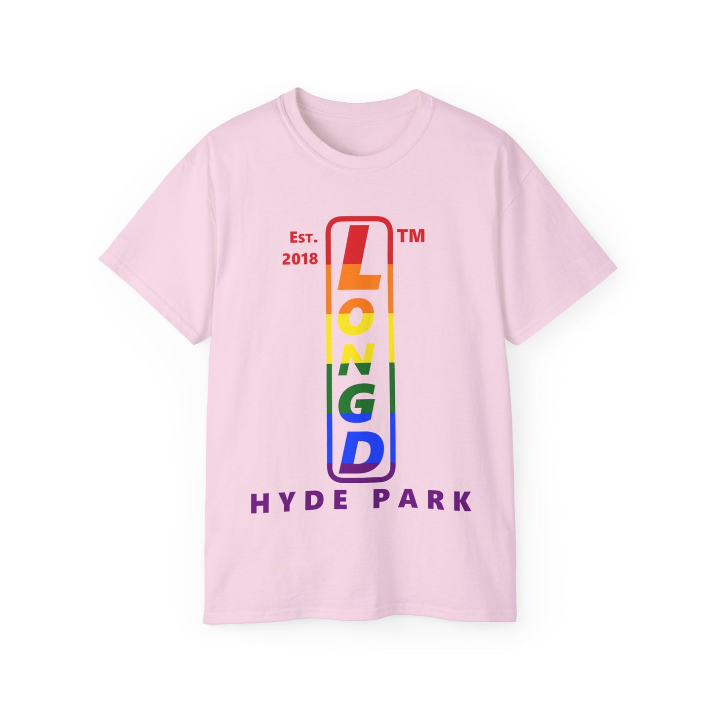 LongD Cotton Tee positive horizontal striped Hyde Park upright logo (Pride colors)