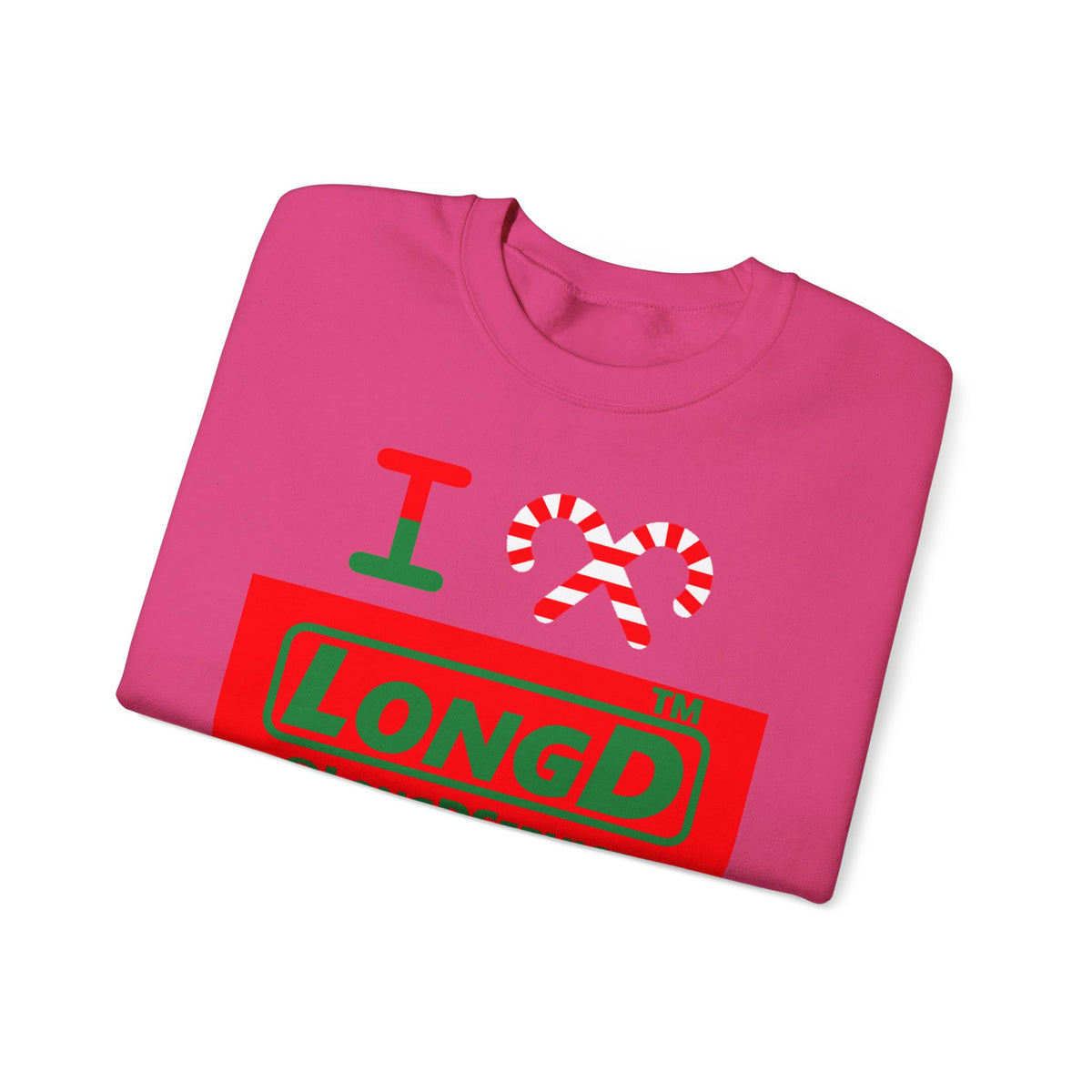 I candy cane LongD Tag logo positive green on negative red crewneck sweatshirt