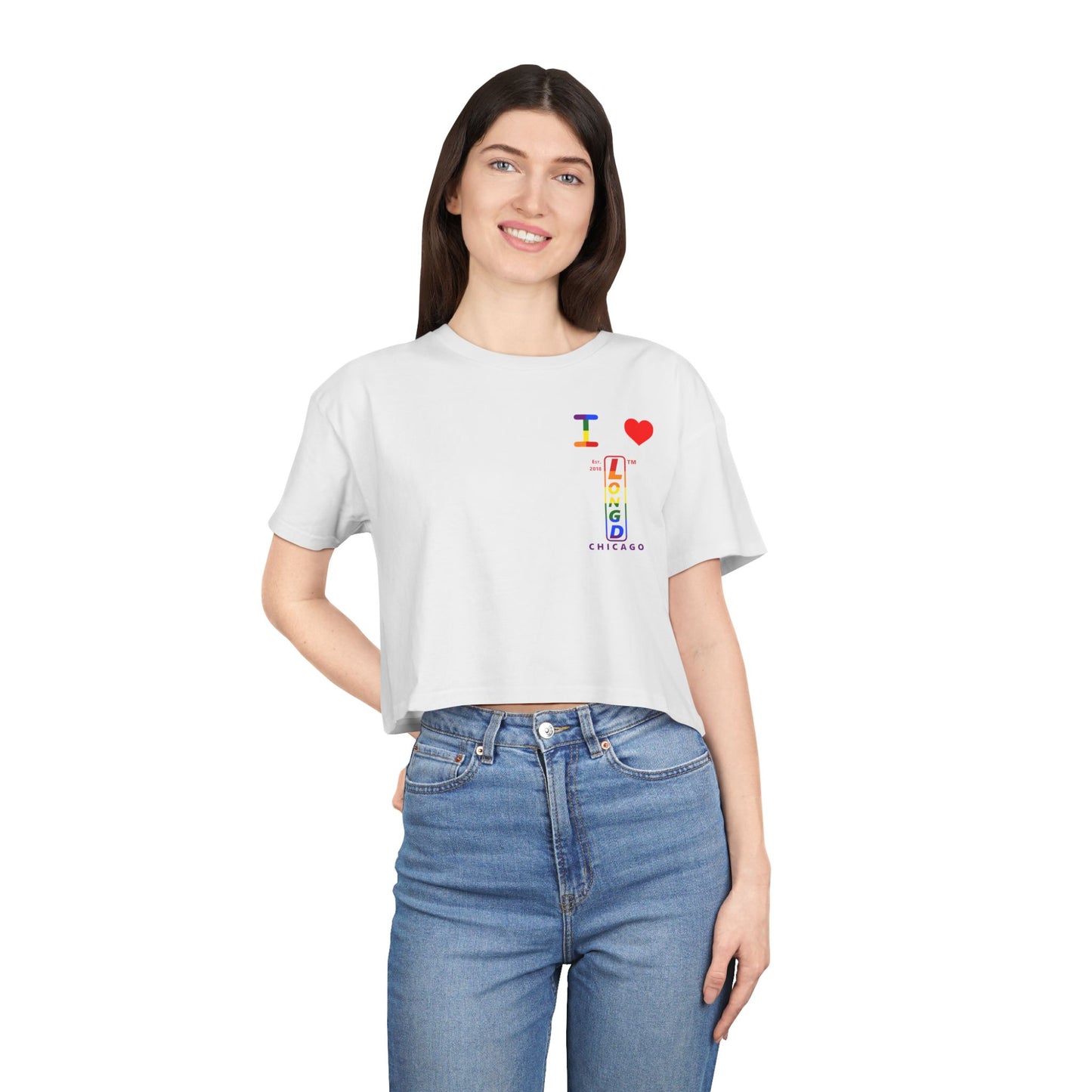 I Luv LongD Positive horizontal 6-striped upright single-breasted Chicago logo crop tee (Pride colors)