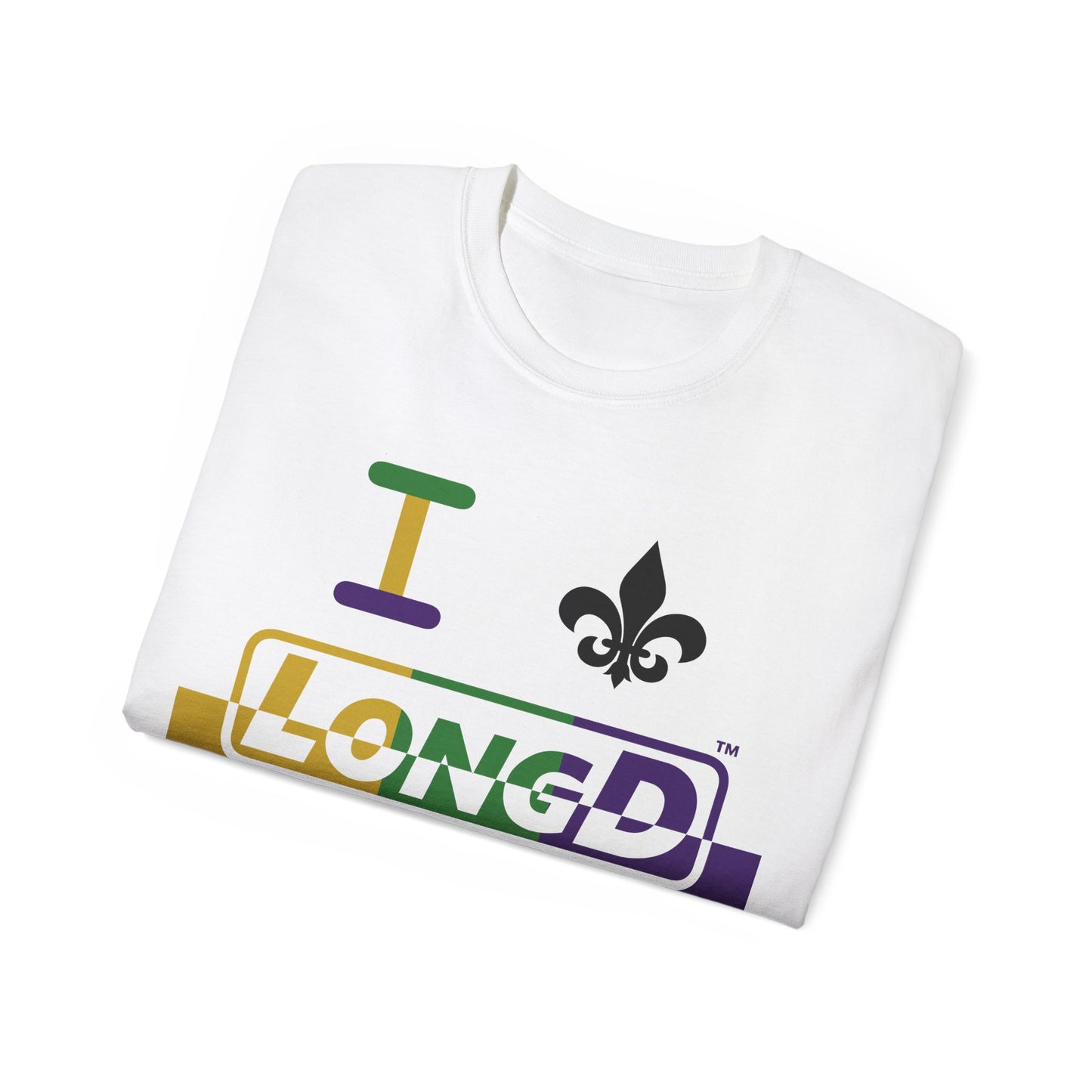 I Fleur LongD® Logo Cotton Tee (Mardi Gras colored text positive top logo, negative bottom logo & black fleur de lis)
