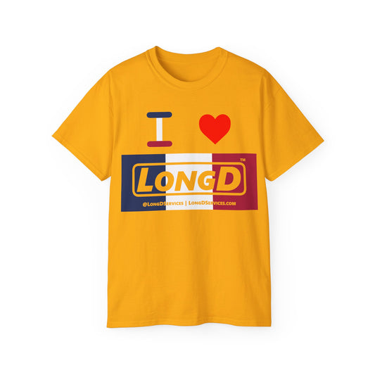 I Luv LongD® Logo Cotton Tee Blue, White and Red negative thirds text