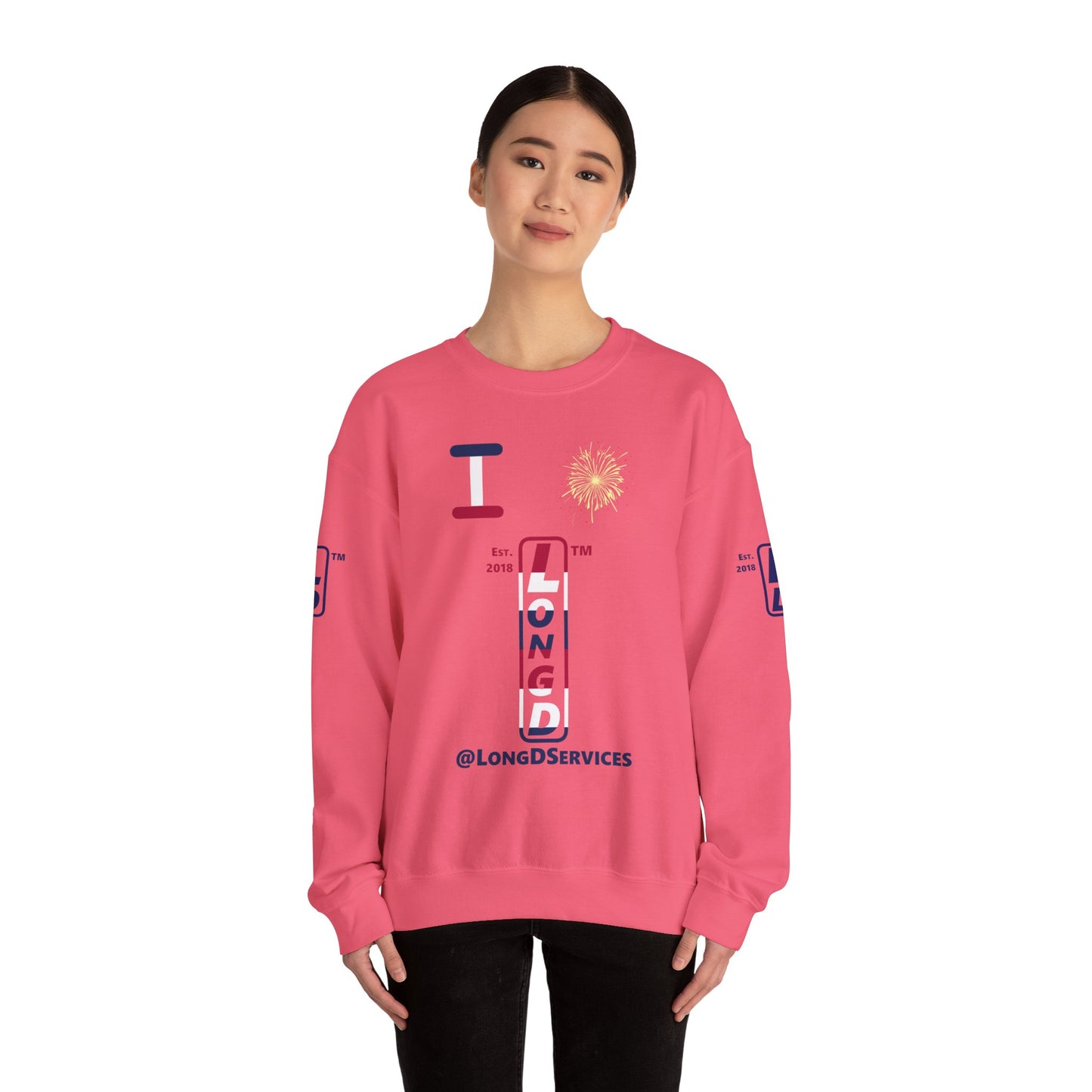 I Burst LongD positive horizontal 6-striped tag upright 4-print logo crewneck sweatshirt