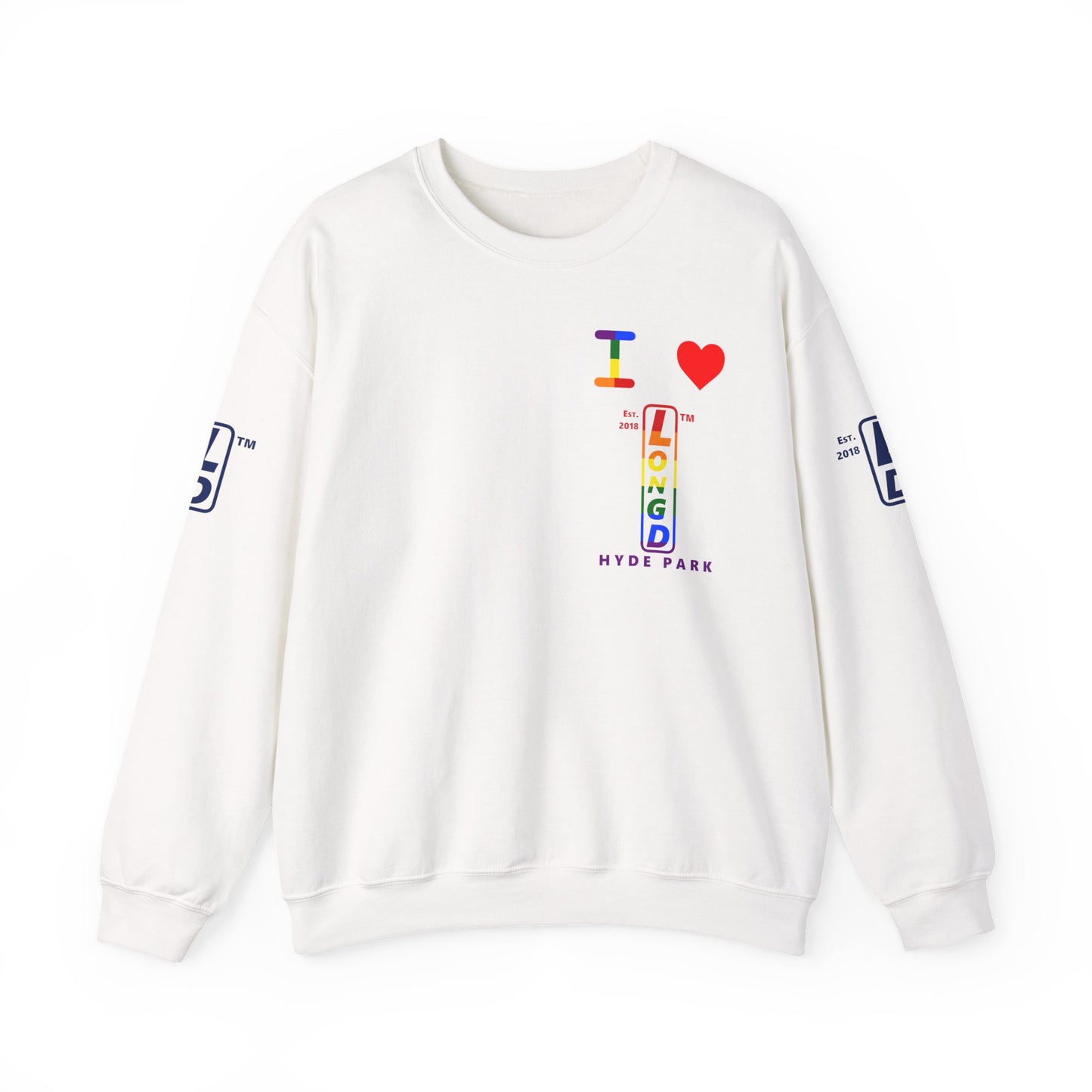 I Luv LongD positive horizontal 6-striped Hyde Park upright 4-print single-breasted logo crewneck sweatshirt (Pride colors)
