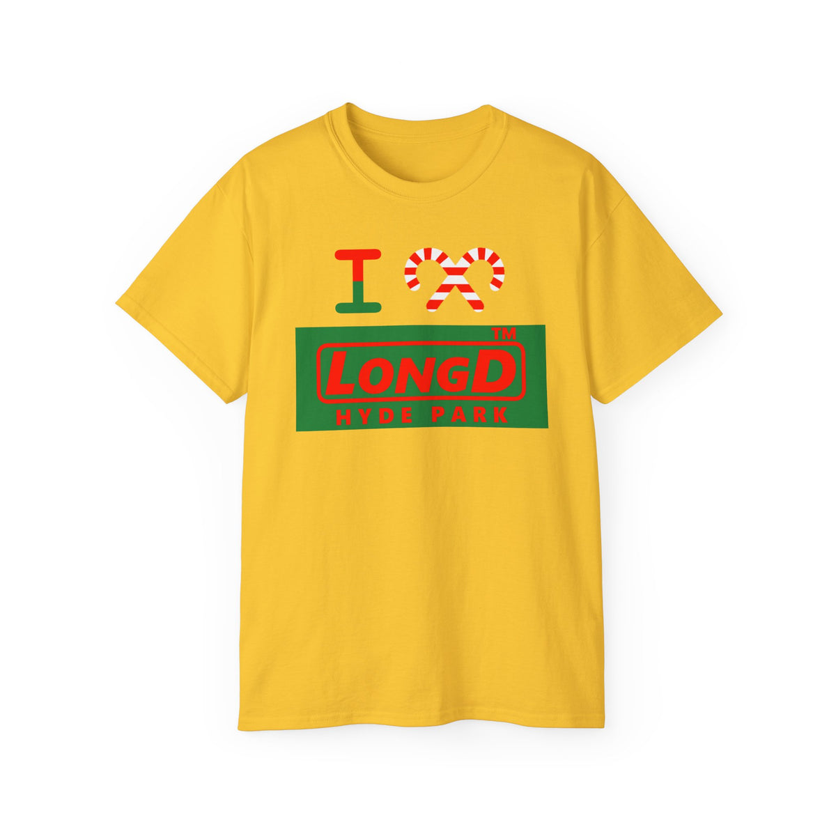I candy cane LongD Hyde Park logo positive red on negative green cotton tee