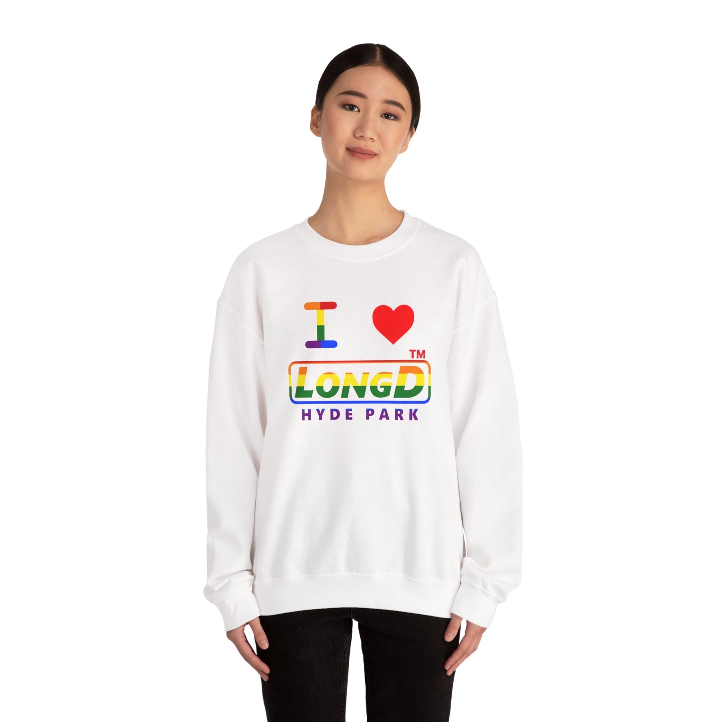 I Luv LongD positive horizontal striped front-back Hyde Park logo crewneck sweatshirt (Pride colors)