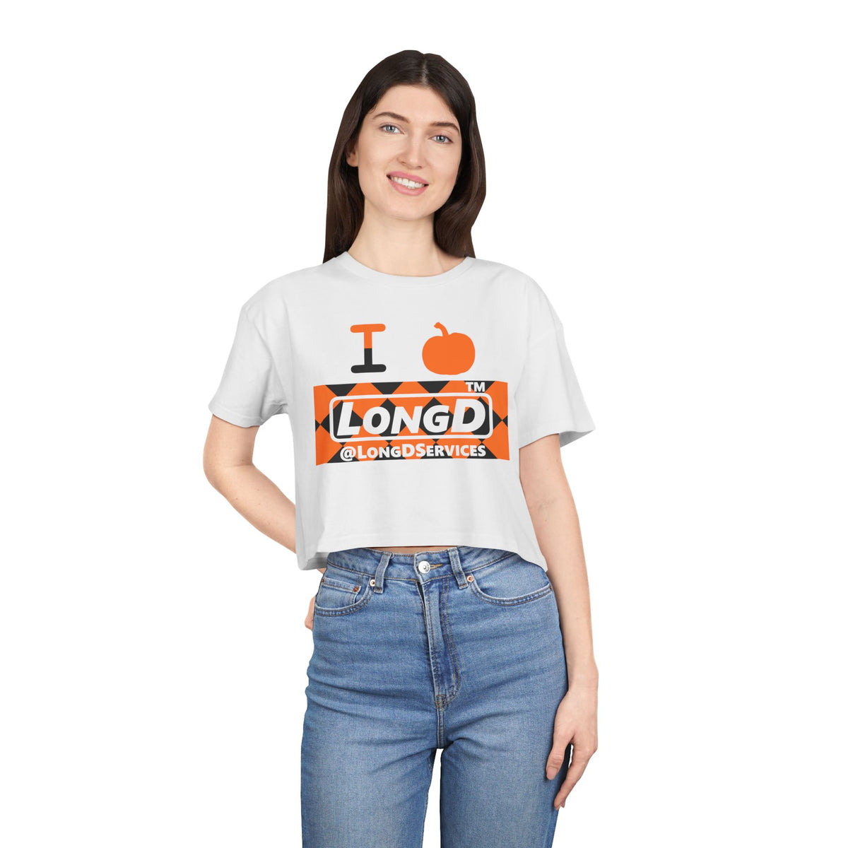I pumpkin LongD Tag negative argyle logo crop tee