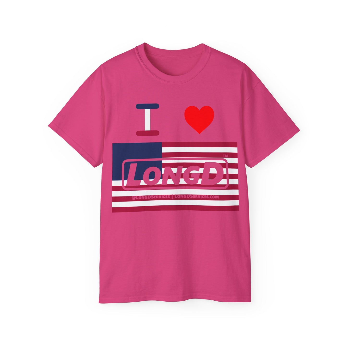 I Luv LongD® Logo Cotton Tee Red, White and Blue negative flag text