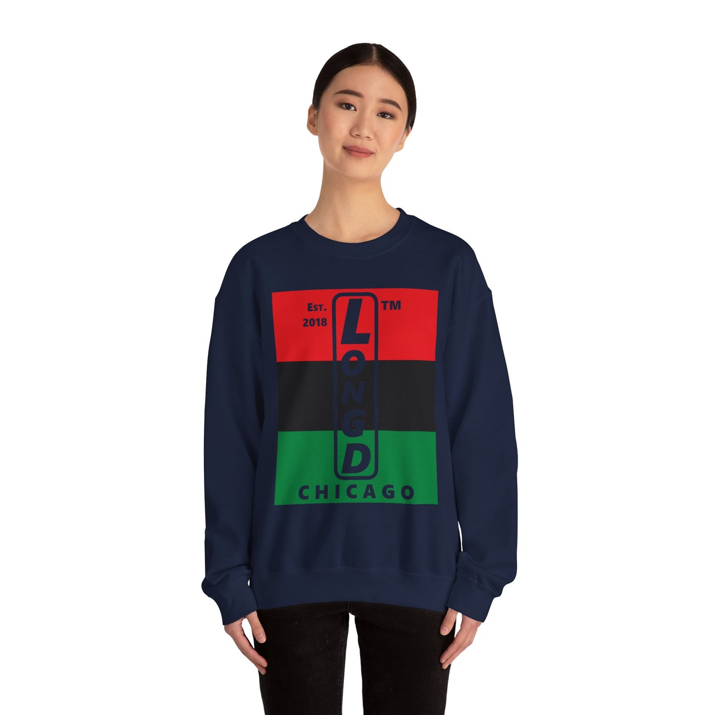LongD negative horizontal 3-striped Chicago upright logo crewneck sweatshirt (Juneteenth colors)