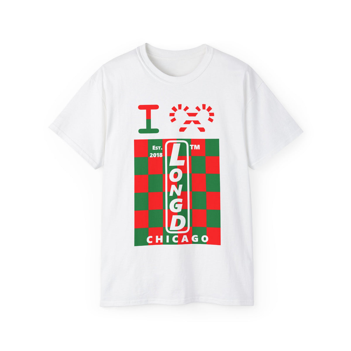 I candy cane LongD Chicago negative upright checkered logo cotton tee