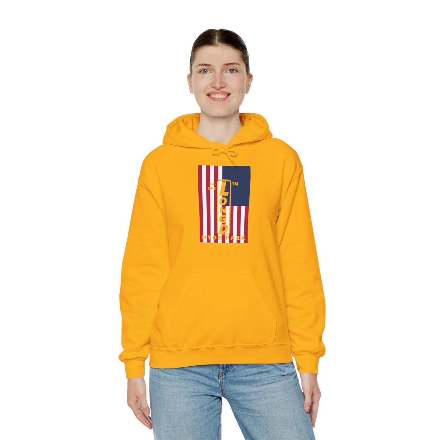 LongD® negative cropped flag upright Hyde Park logo hoodie (Patriotic colors)