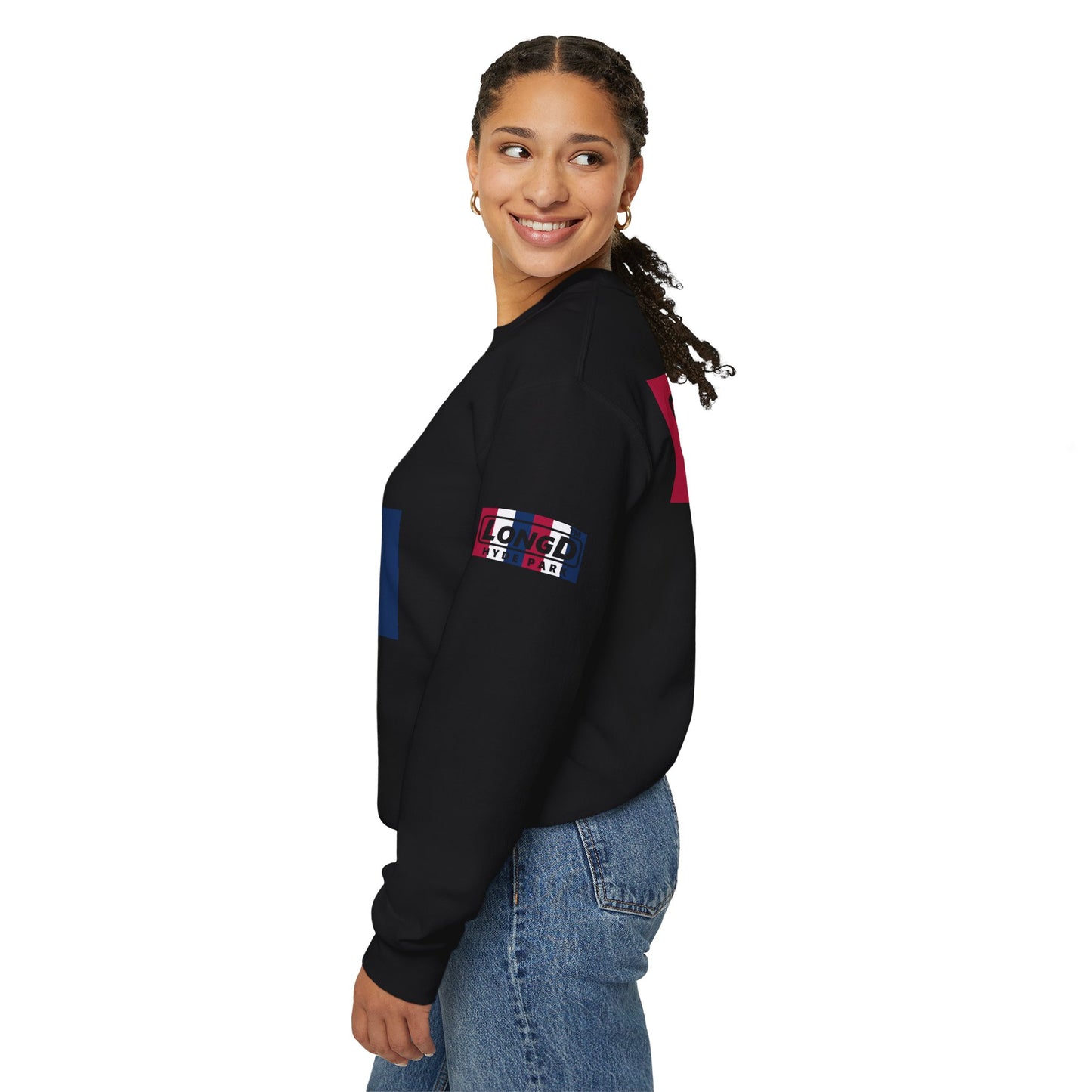I firecracker LongD positive vertical 6-striped 4-print tag-domain logo crewneck sweatshirt