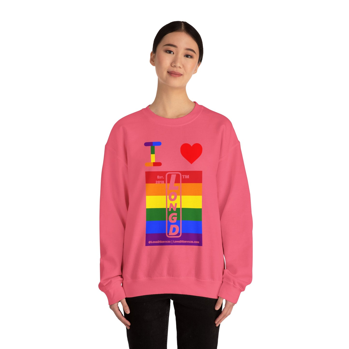 I Luv LongD negative horizontal 6-striped tag-domain upright logo crewneck sweatshirt