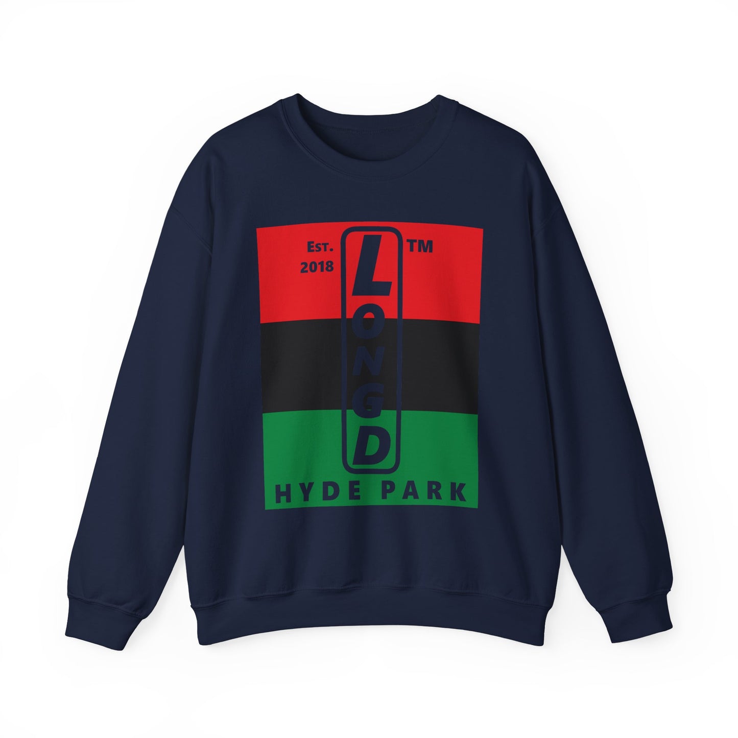 LongD negative horizontal 3-striped Hyde Park upright logo crewneck sweatshirt (Juneteenth colors)