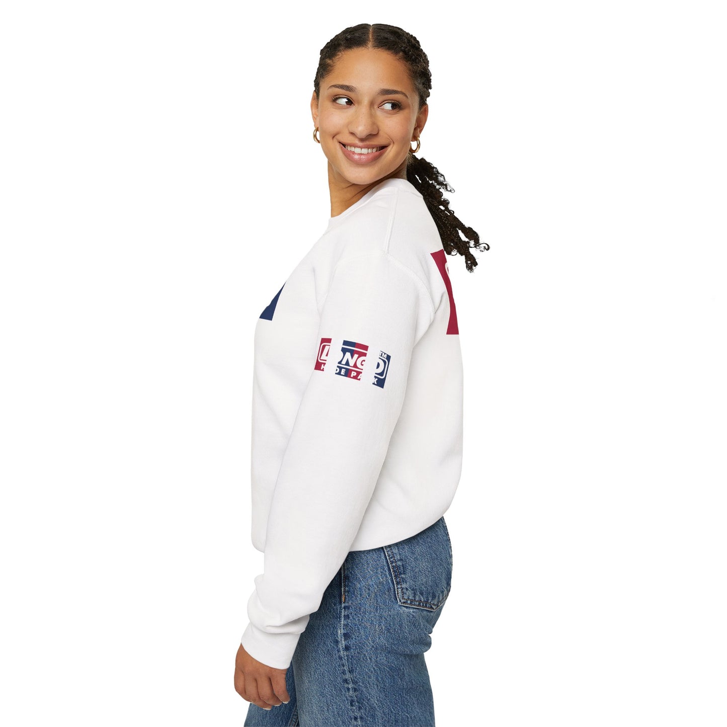LongD negative vertical 6-striped 4-print single-breasted Chicago logo crewneck sweatshirt (patriotic colors)