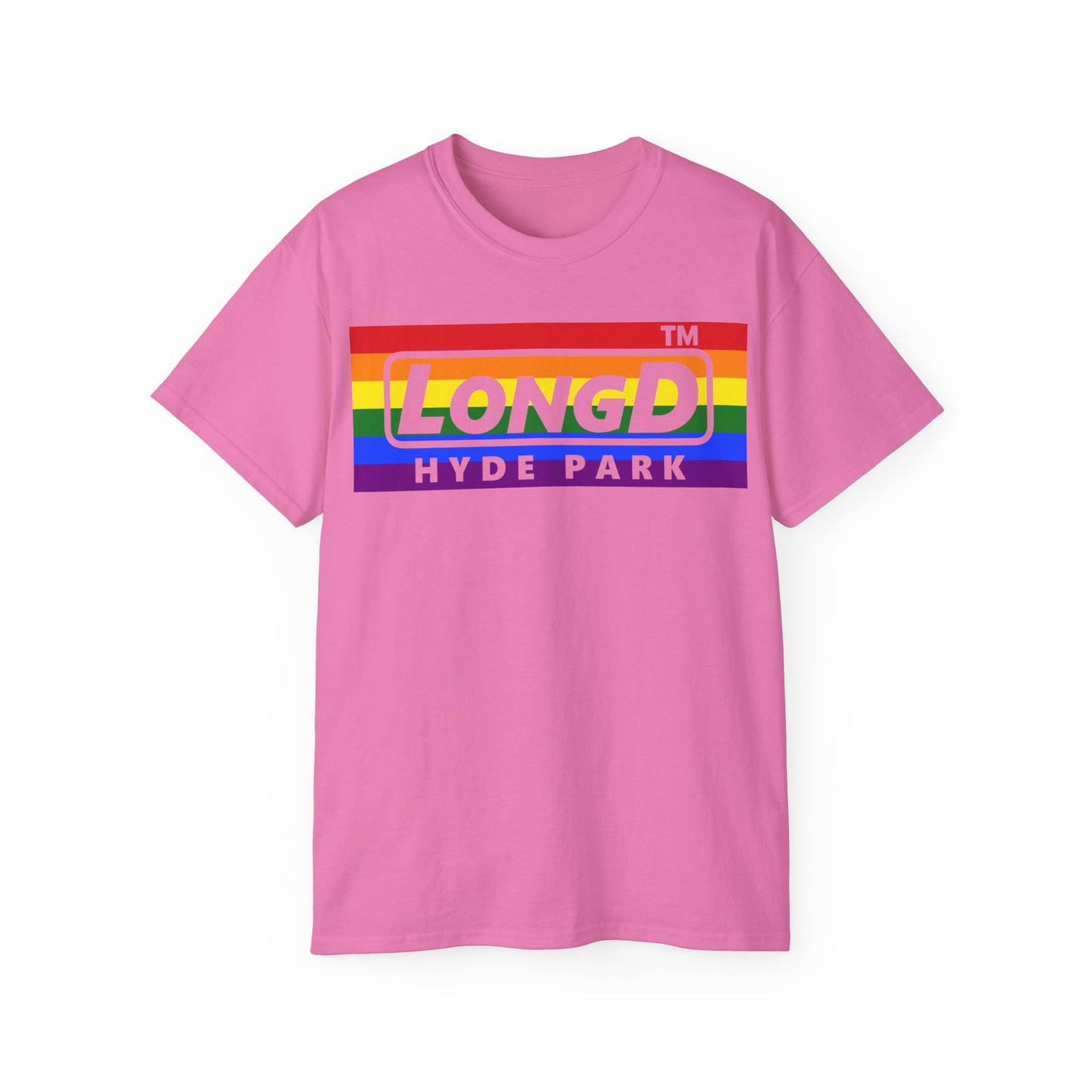 LongD negative horizontal striped Hyde Park logo cotton tee (Pride colors)