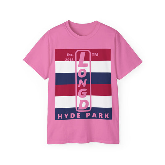 LongD cotton tee negative horizontal 6-striped Hyde Park upright logo (Patriotic colors)