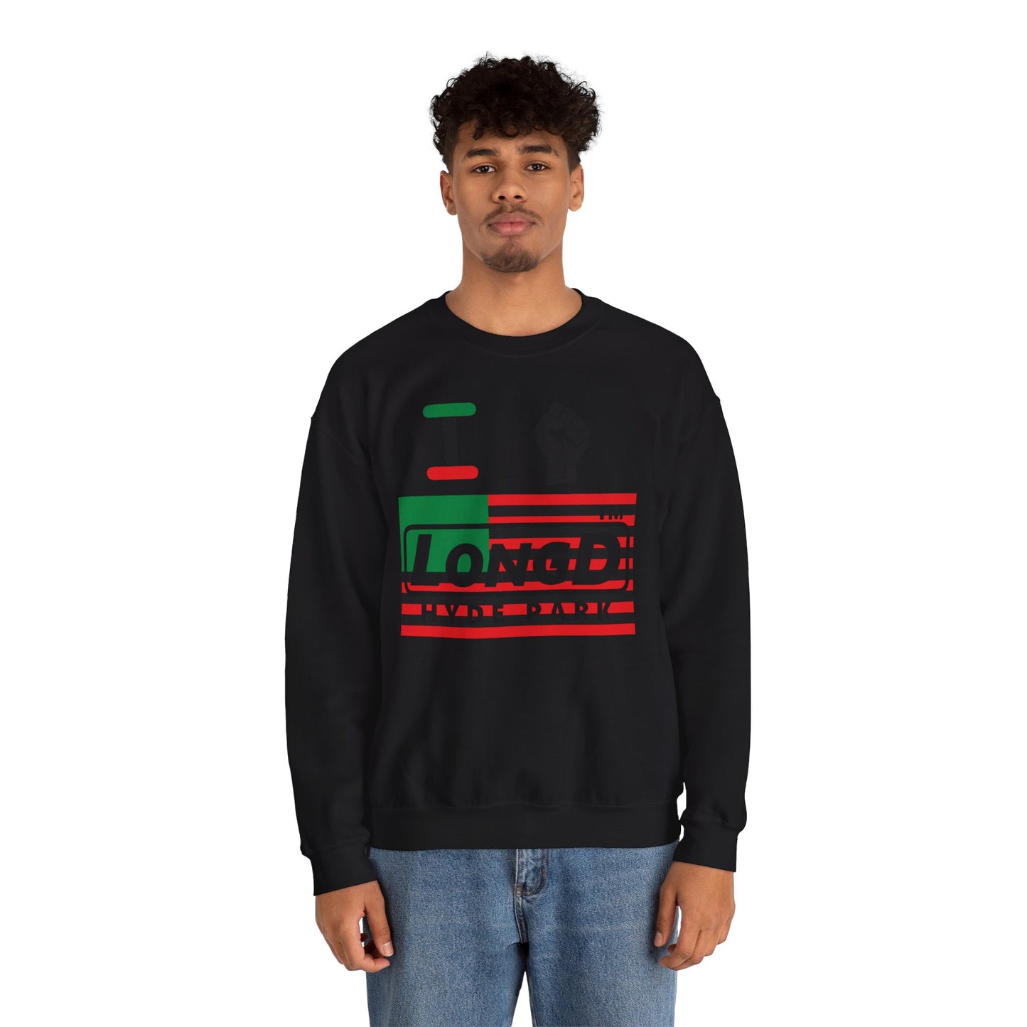 I fist LongD negative flag Hyde Park logo crewneck sweatshirt