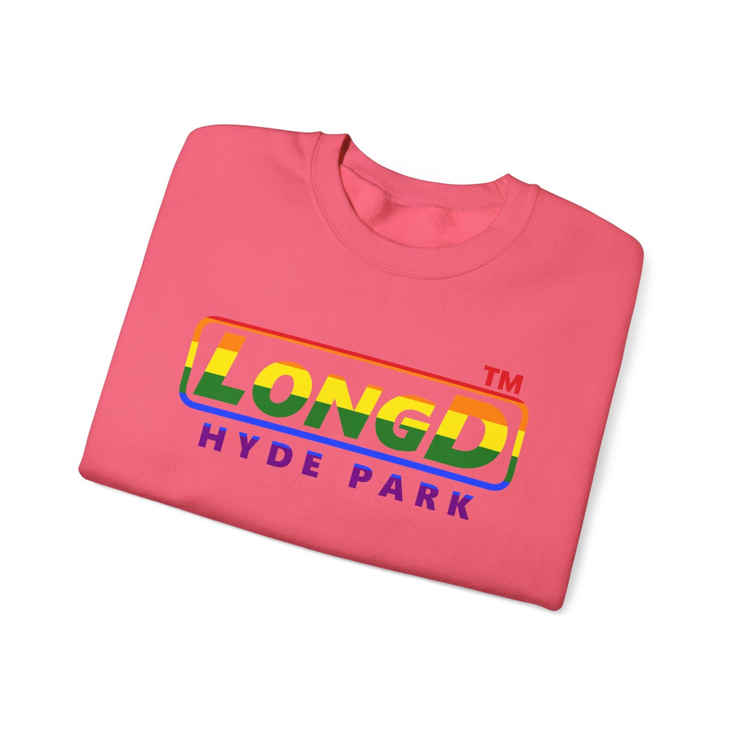 LongD positive horizontal striped Hyde Park logo crewneck sweatshirt (Pride colors)