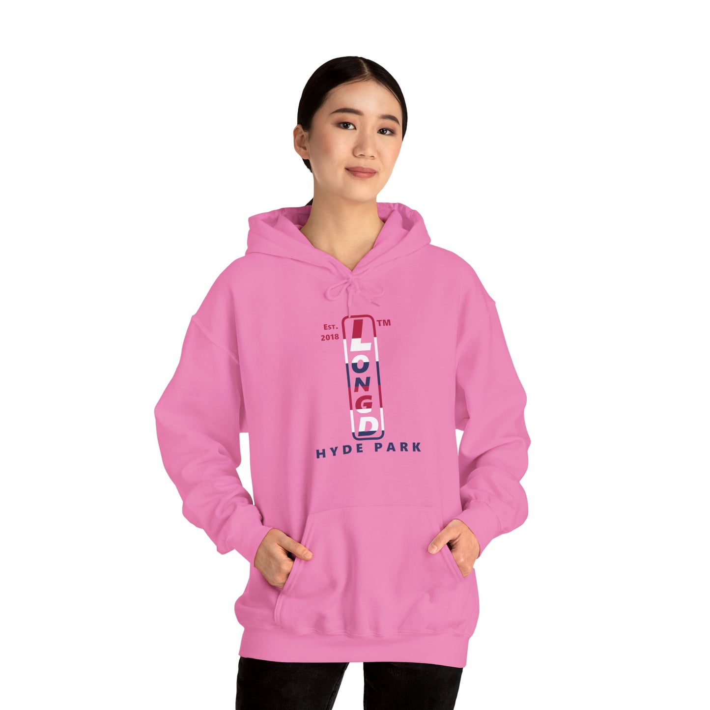 LongD® positive horizontal 6-striped upright Hyde Park logo hoodie (Patriotic colors)