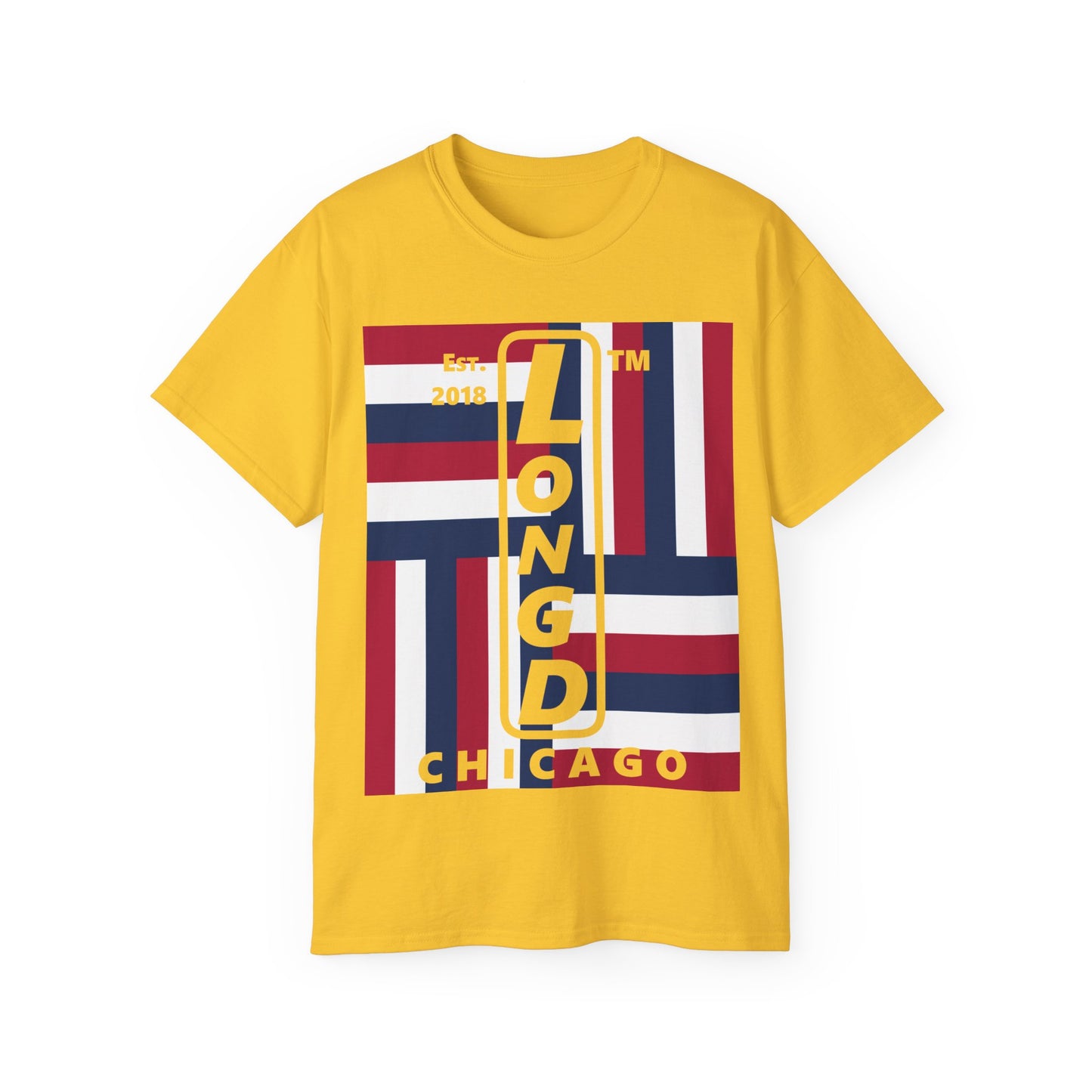 LongD cotton tee negative windmill Chicago upright logo (Patriotic colors)