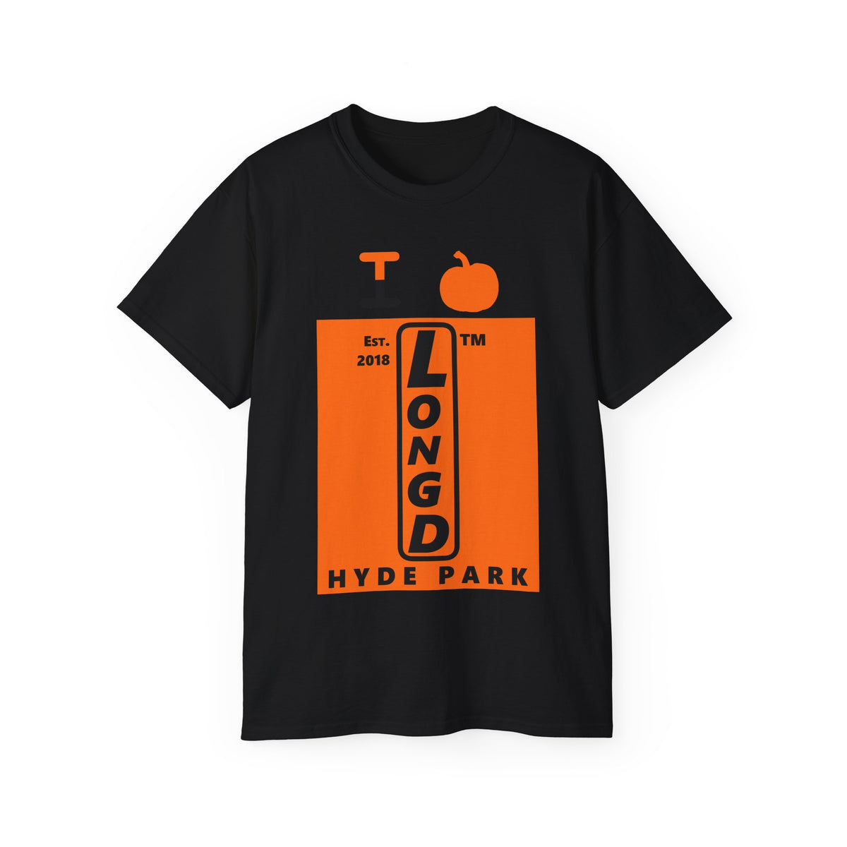 I pumpkin LongD Hyde Park upright logo positive black on negative orange cotton tee