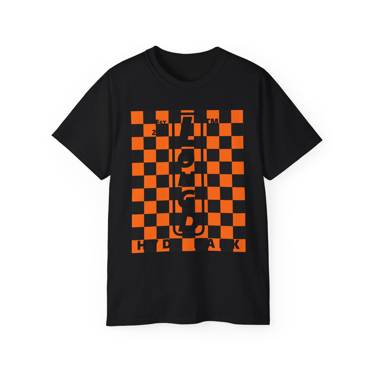 LongD Hyde Park negative upright checkered logo (Halloween colors) cotton tee