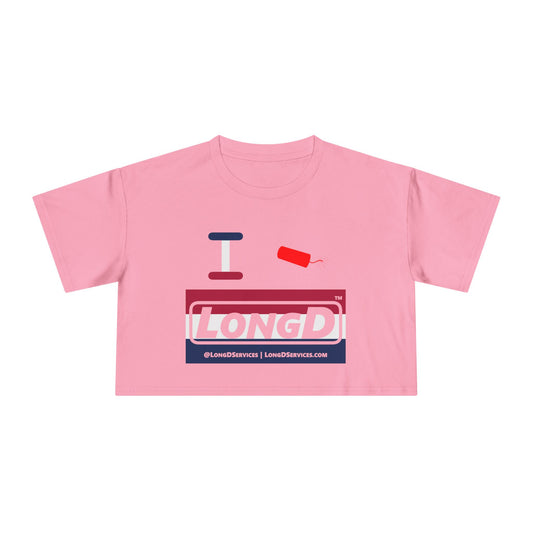 I Firecracker LongD Logo Women's Crop Tee Red, White & Blue negative stripes