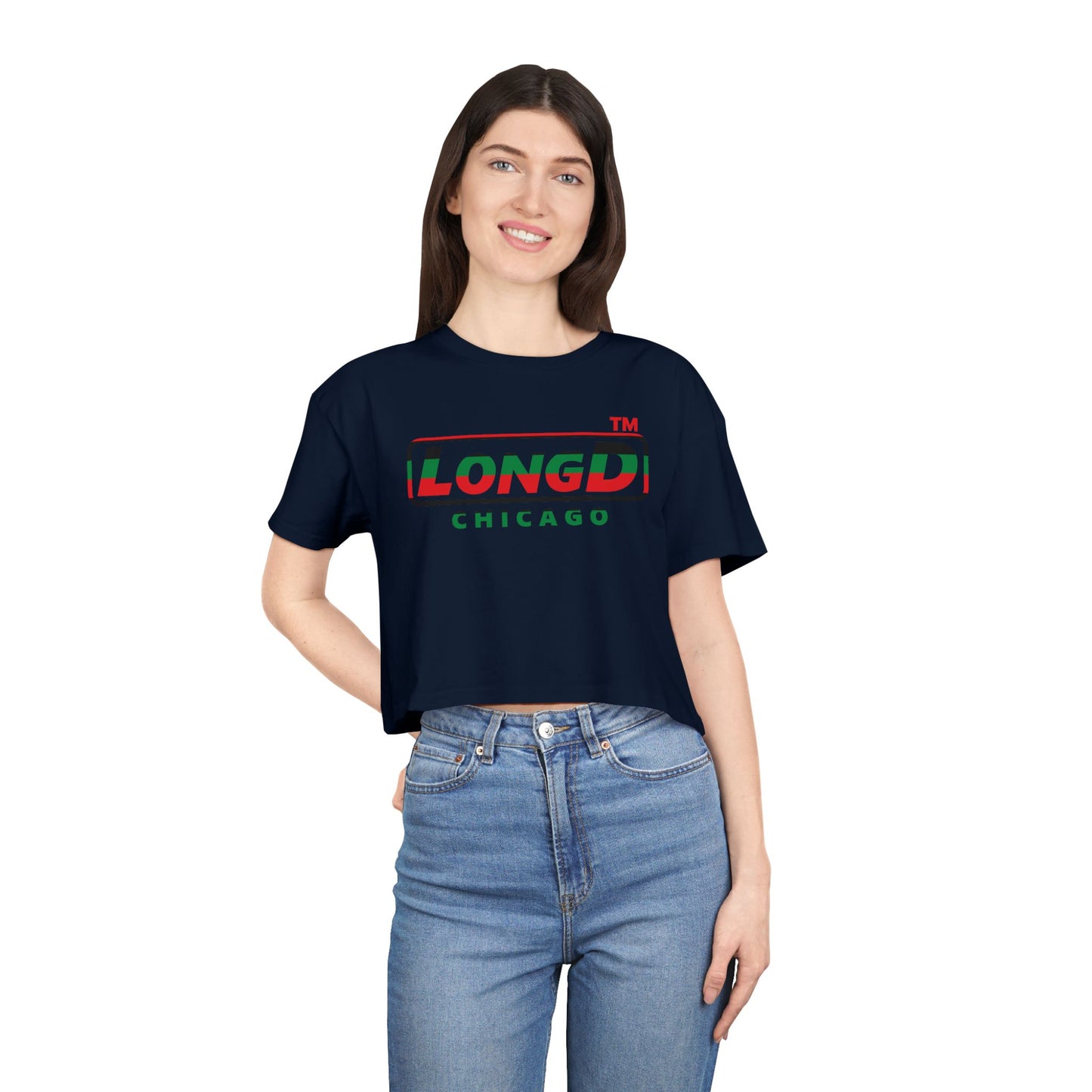 LongD positive horizontal 6-striped Chicago logo crop tee (Juneteenth colors)