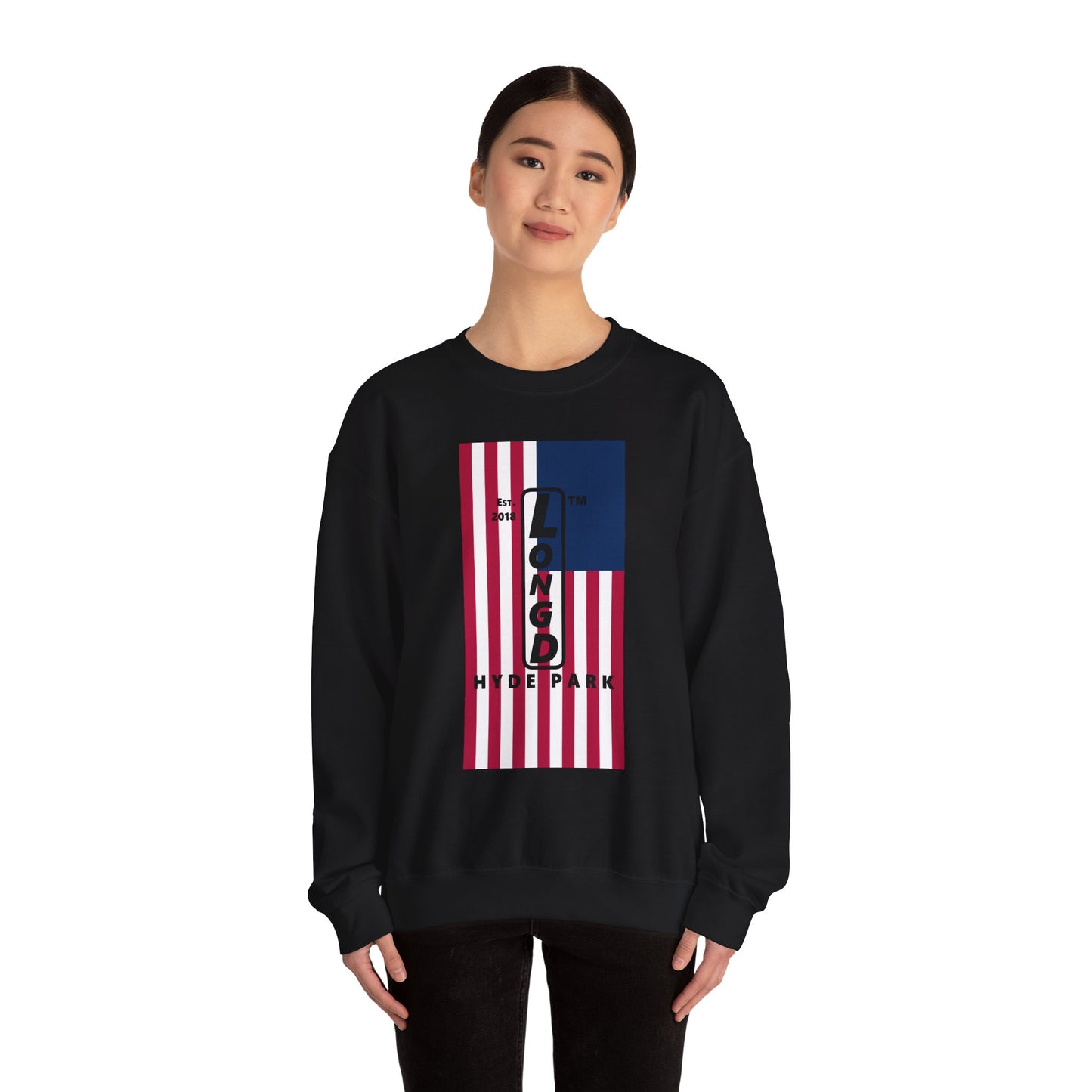 LongD negative flag Hyde Park upright logo crewneck sweatshirt (patriotic colors)