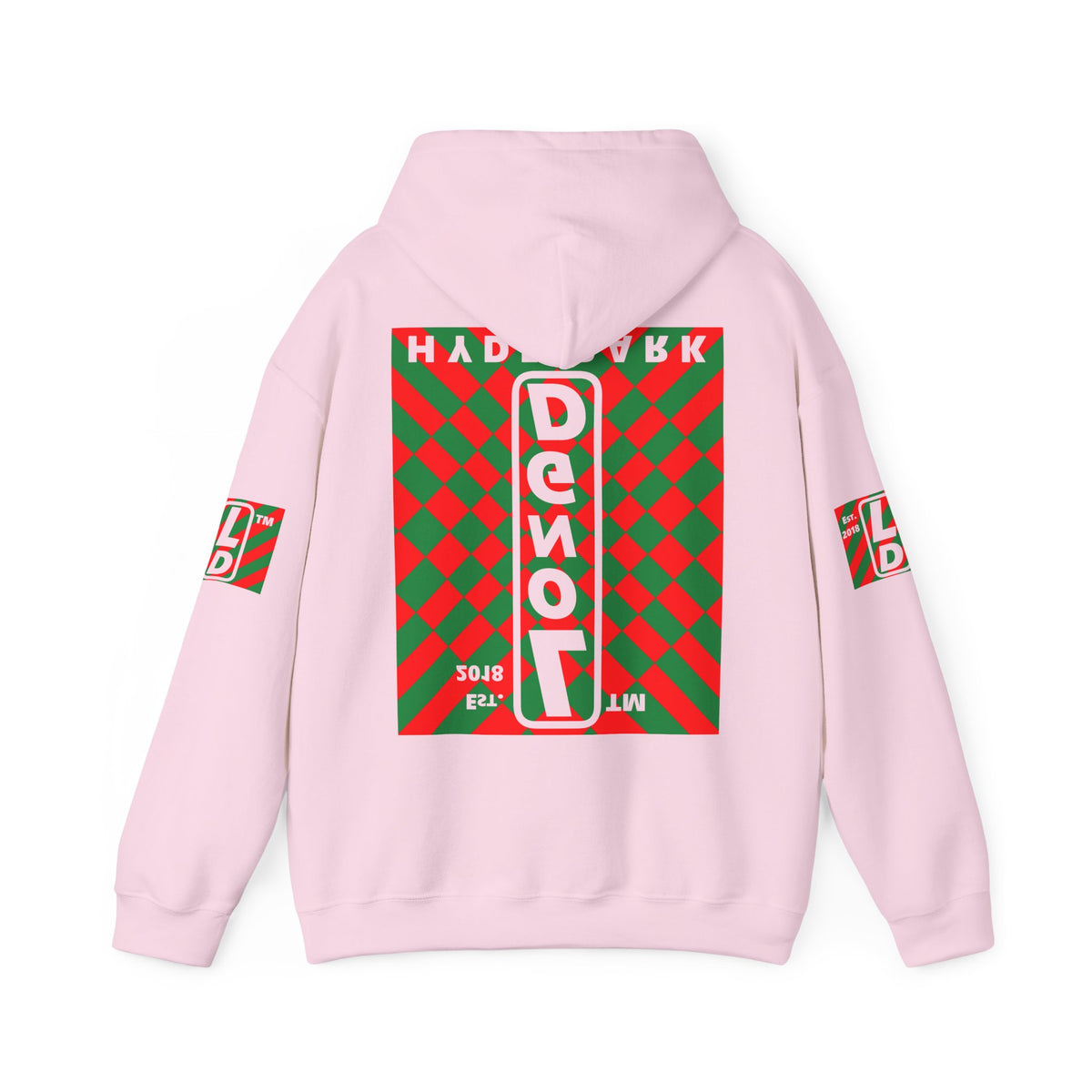 LongD Hyde Park negative upright stylized argyle 4-print logo (Xmas colors) hoodie