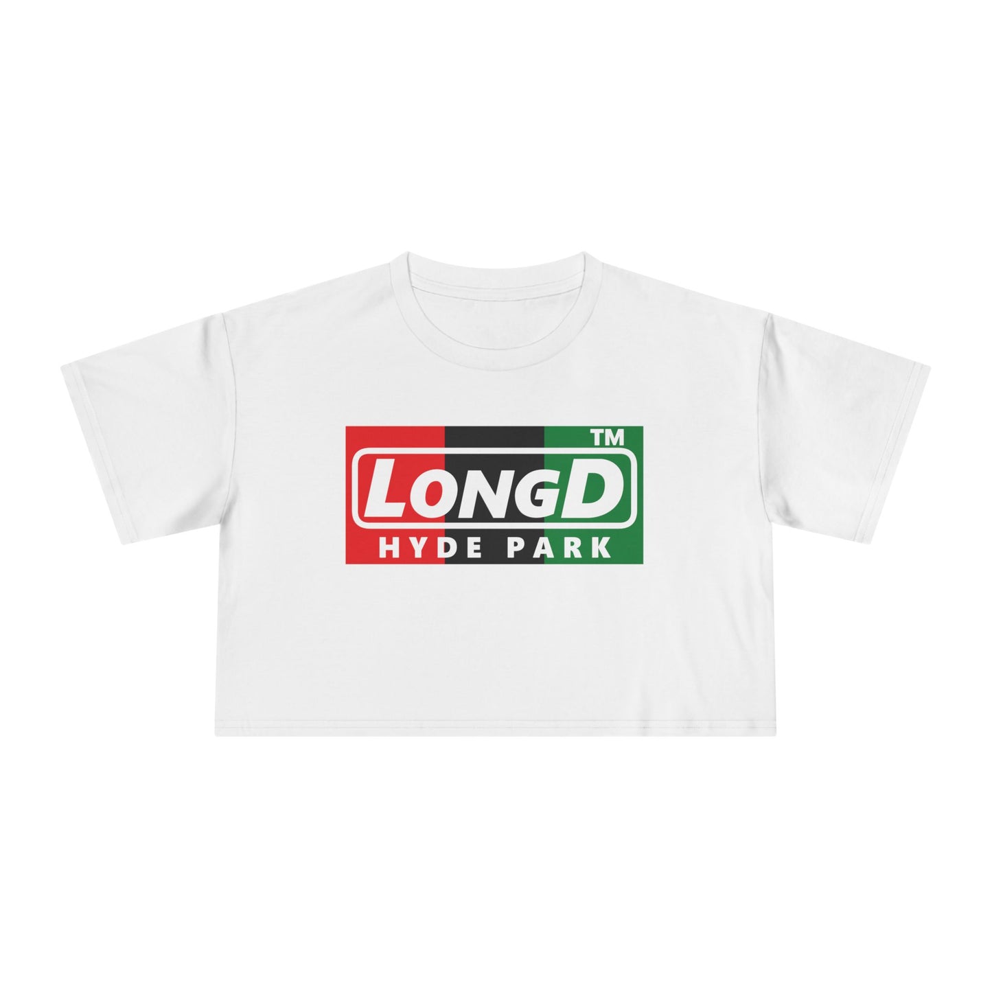 LongD negative vertical 3-striped Hyde Park logo crop tee (Juneteenth colors)