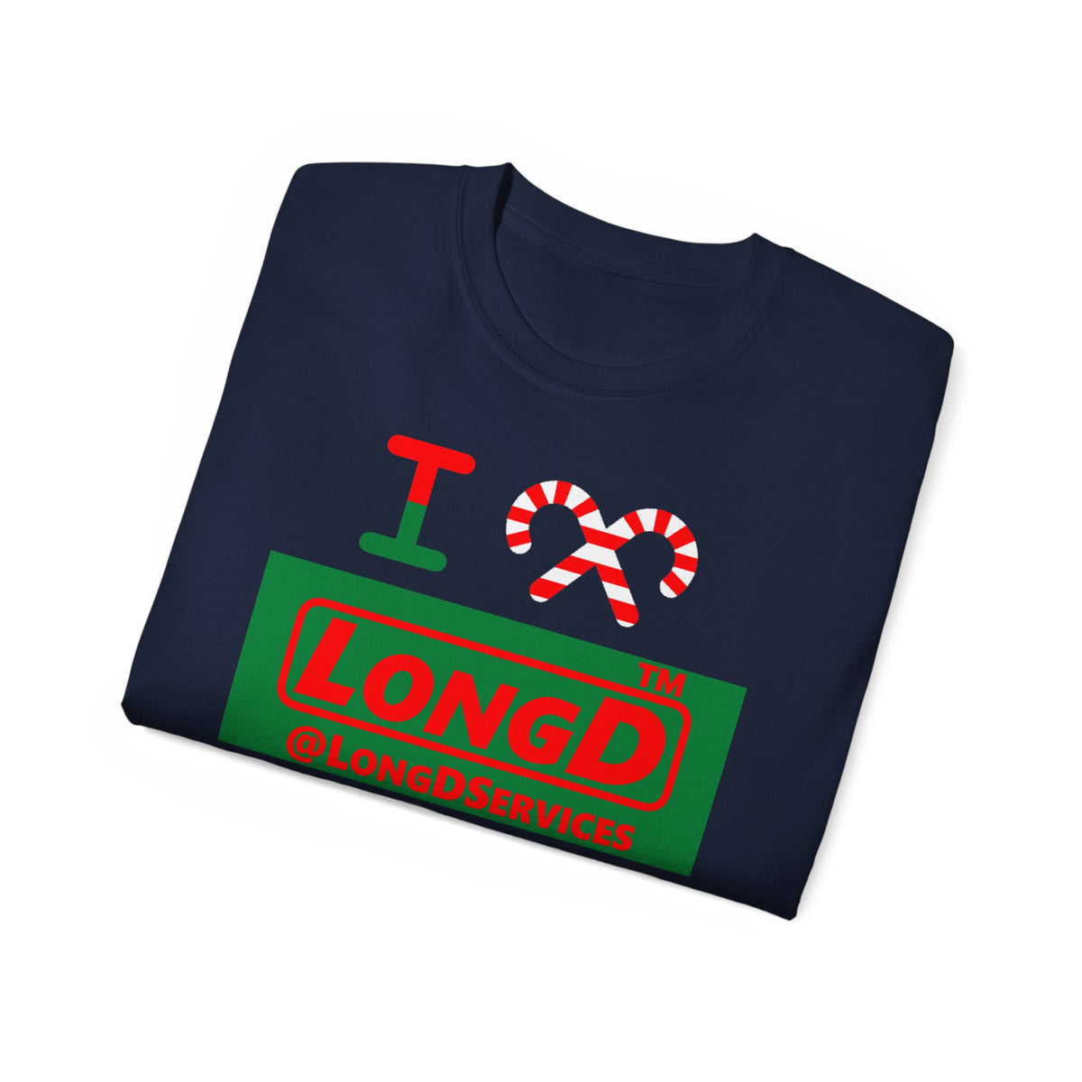 I candy cane LongD Tag logo positive red on negative green cotton tee