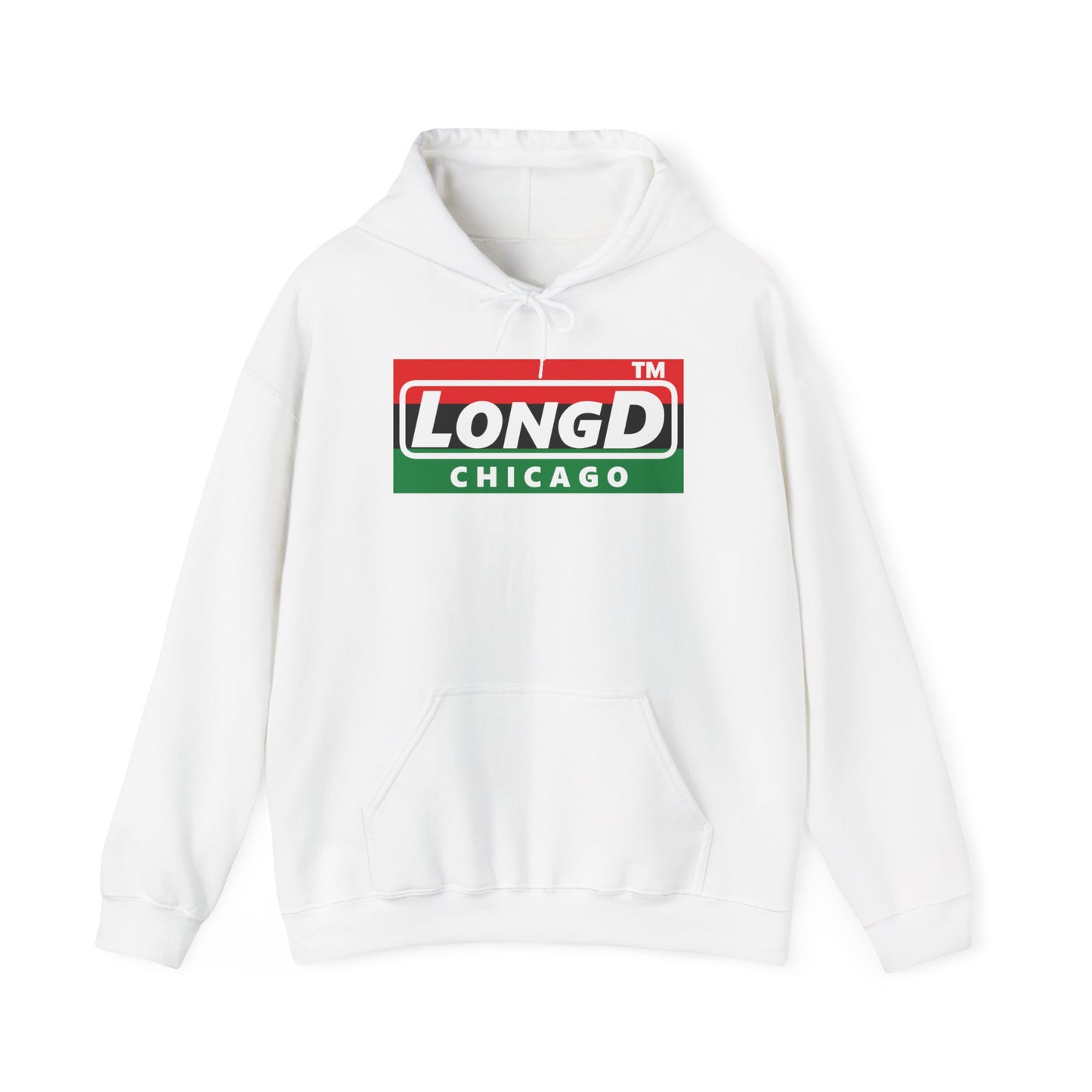LongD® negative horizontal 3-striped Chicago logo Hoodie (Juneteenth colors)