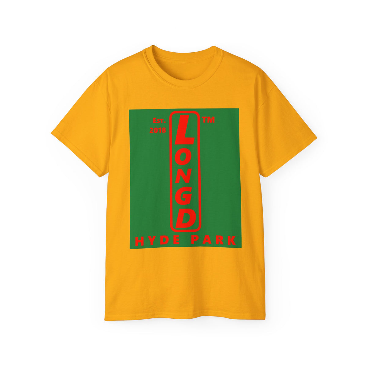 LongD Hyde Park upright logo positive red on negative green (Xmas colors) cotton tee