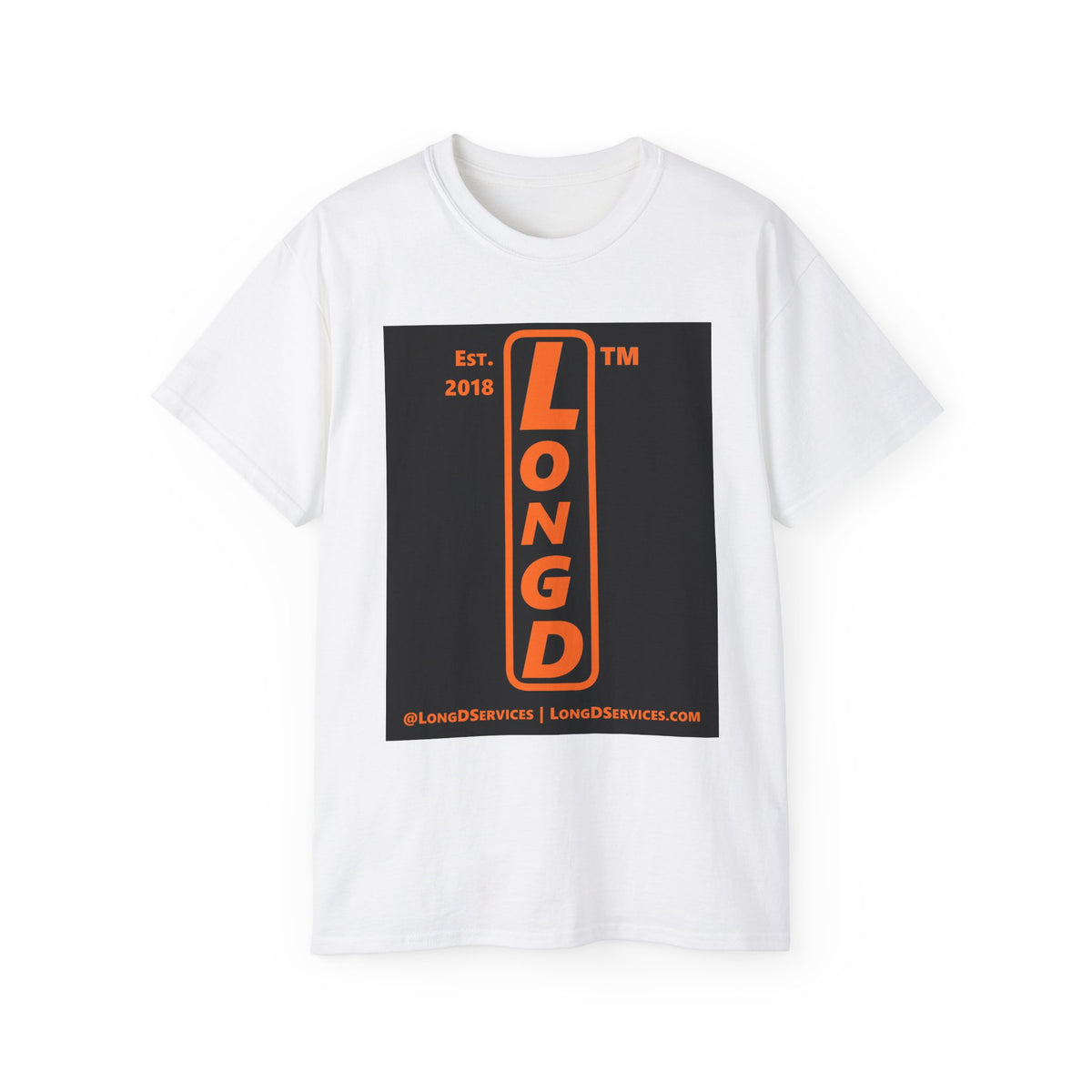 LongD Tag-domain upright front-back logo orange (FE7518) on Black (000000) cotton tee
