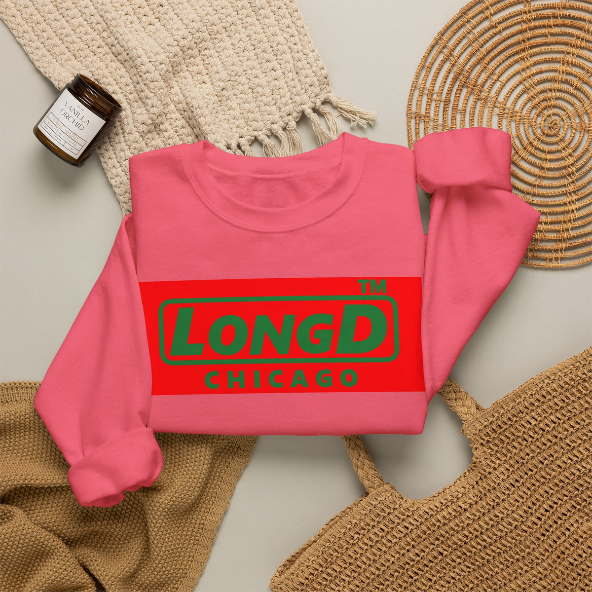 LongD Chicago logo positive green on negative red (Xmas colors) crewneck sweatshirt