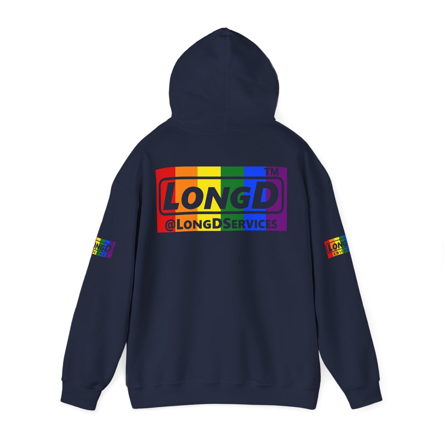 I Luv LongD® negative vertical striped 4-print Hyde Park logo hoodie (Pride colors)