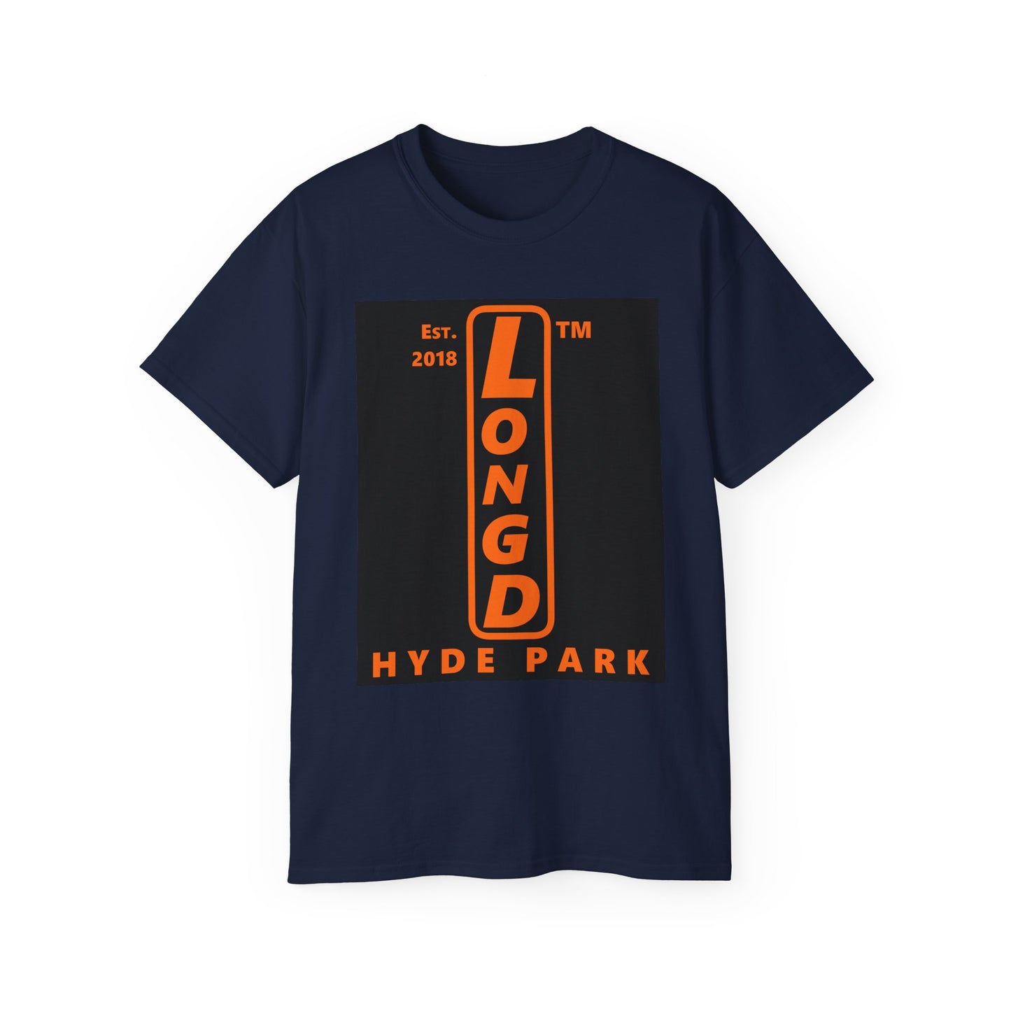 LongD Hyde Park upright front-back logo orange (FE7518) on Black (000000) cotton tee