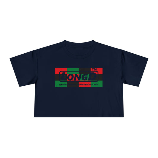 LongD negative 3x4 tag-domain logo crop tee (Juneteenth colors)